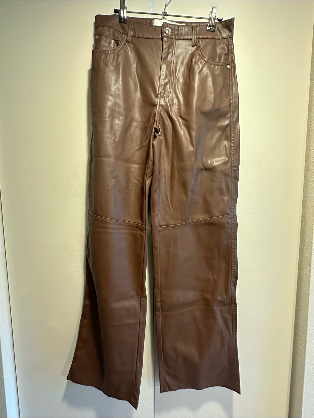 Bershka Brown Faux Leather Wide-Leg Pants